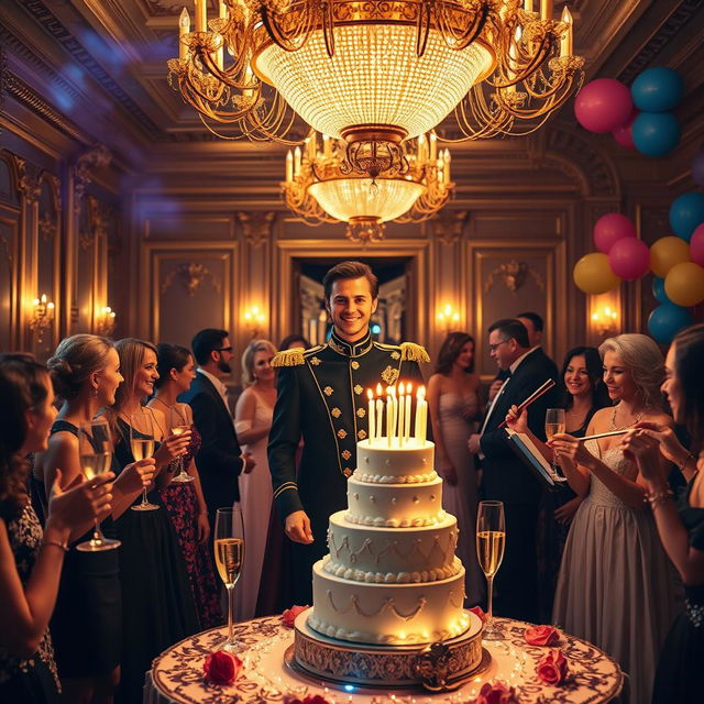 A glamorous birthday bash for a prince, set in an opulent ballroom adorned with golden chandeliers and lavish decorations