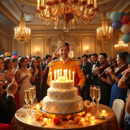 A glamorous birthday bash for a prince, set in an opulent ballroom adorned with golden chandeliers and lavish decorations