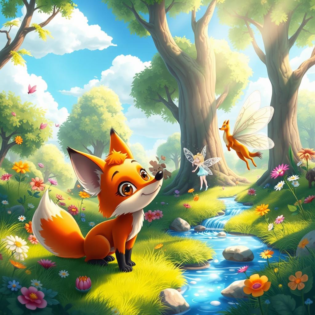 A vibrant and colorful animated scene depicting a whimsical forest filled with fantastical creatures like fairies, talking animals, and magical plants