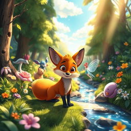 A vibrant and colorful animated scene depicting a whimsical forest filled with fantastical creatures like fairies, talking animals, and magical plants