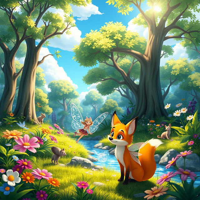 A vibrant and colorful animated scene depicting a whimsical forest filled with fantastical creatures like fairies, talking animals, and magical plants