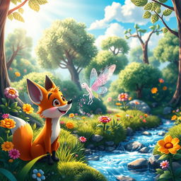 A vibrant and colorful animated scene depicting a whimsical forest filled with fantastical creatures like fairies, talking animals, and magical plants