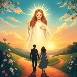 A beautifully illustrated scene depicting a divine presence representing a poetic and spiritual journey