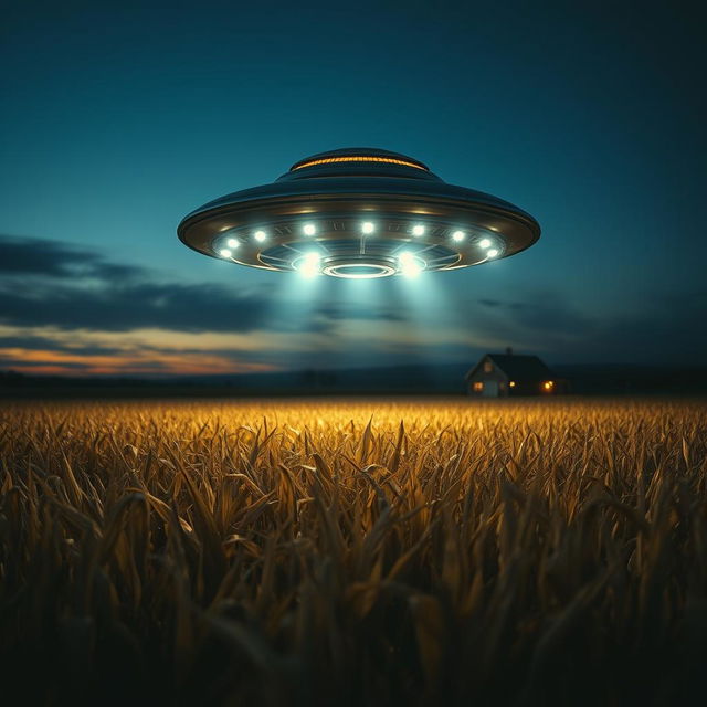 A dramatic scene featuring a UFO hovering above a vast cornfield under a twilight sky