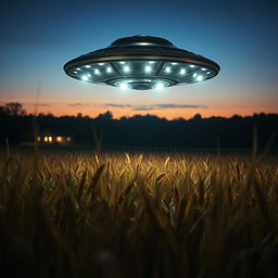 A dramatic scene featuring a UFO hovering above a vast cornfield under a twilight sky