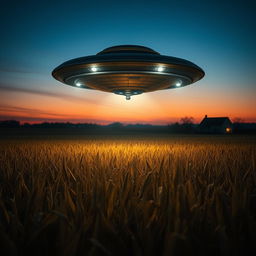 A dramatic scene featuring a UFO hovering above a vast cornfield under a twilight sky