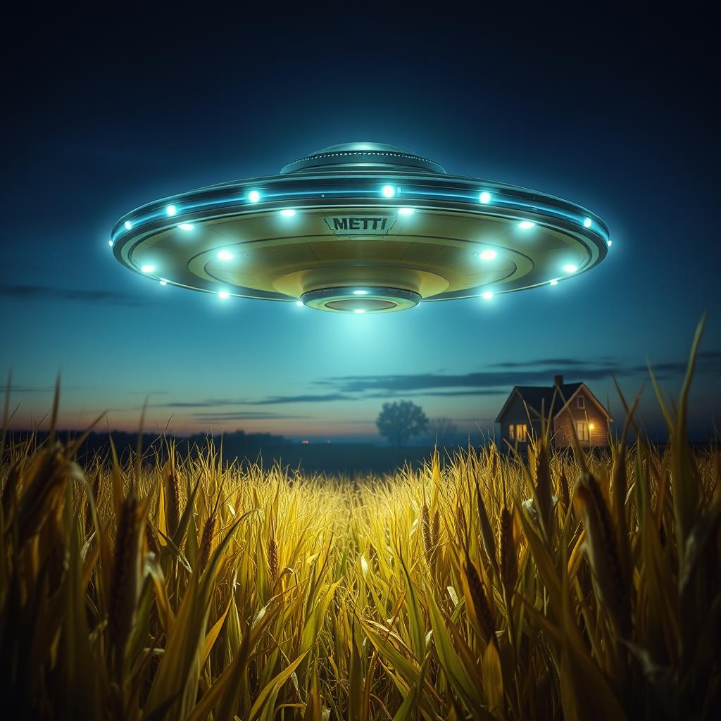 A dramatic scene featuring a UFO hovering above a vast cornfield under a twilight sky