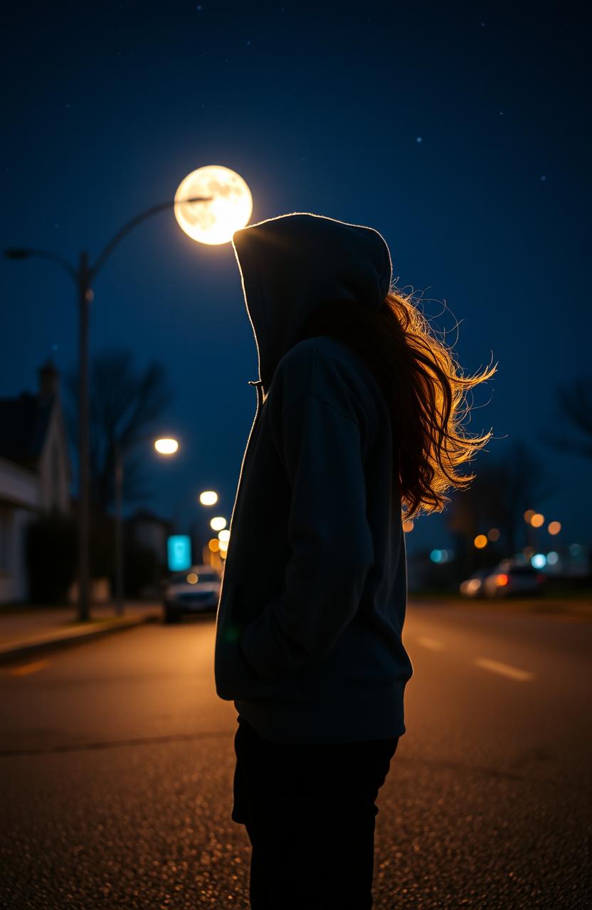 An ethereal scene illuminated by the glow of the moon, capturing the moment of deep connection between a mysterious hoodie-clad guy and a girl standing on a quiet, deserted street