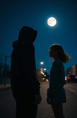 An ethereal scene illuminated by the glow of the moon, capturing the moment of deep connection between a mysterious hoodie-clad guy and a girl standing on a quiet, deserted street