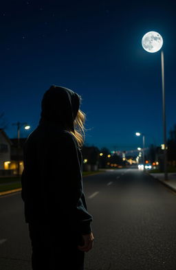 An ethereal scene illuminated by the glow of the moon, capturing the moment of deep connection between a mysterious hoodie-clad guy and a girl standing on a quiet, deserted street