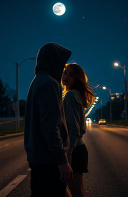 An ethereal scene illuminated by the glow of the moon, capturing the moment of deep connection between a mysterious hoodie-clad guy and a girl standing on a quiet, deserted street