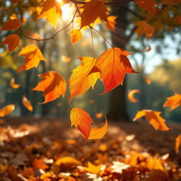 An animated scene showcasing a close-up of colorful autumn leaves gently falling from the trees