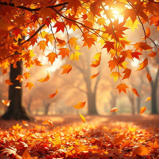 An animated scene showcasing a close-up of colorful autumn leaves gently falling from the trees