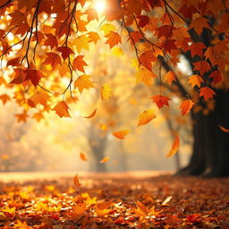 An animated scene showcasing a close-up of colorful autumn leaves gently falling from the trees