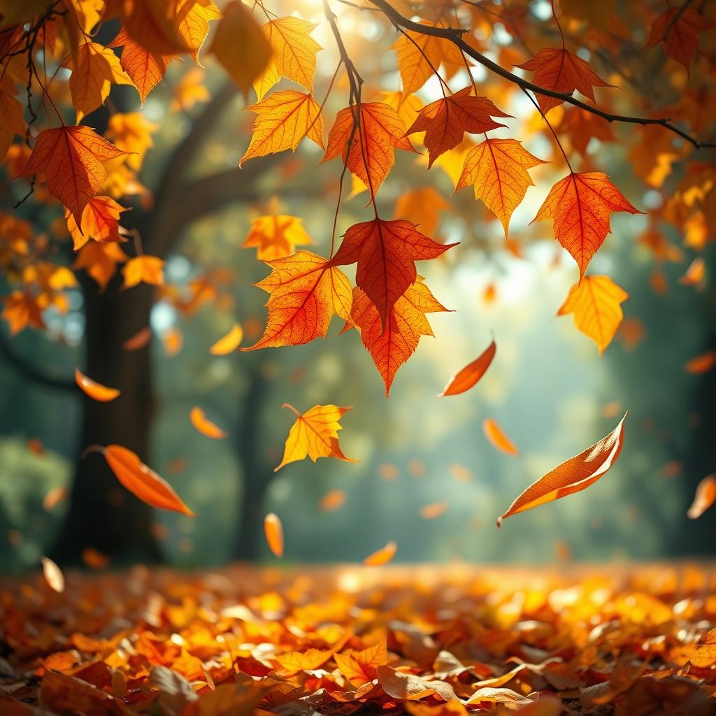 An animated scene showcasing a close-up of colorful autumn leaves gently falling from the trees