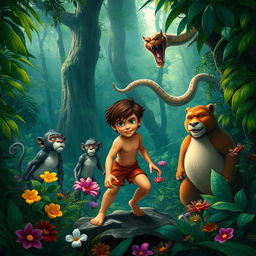 A vivid scene depicting Mowgli in a dense jungle filled with lush greenery and towering trees, showing him bravely confronting a mischievous troop of monkey-like creatures led by King Louie