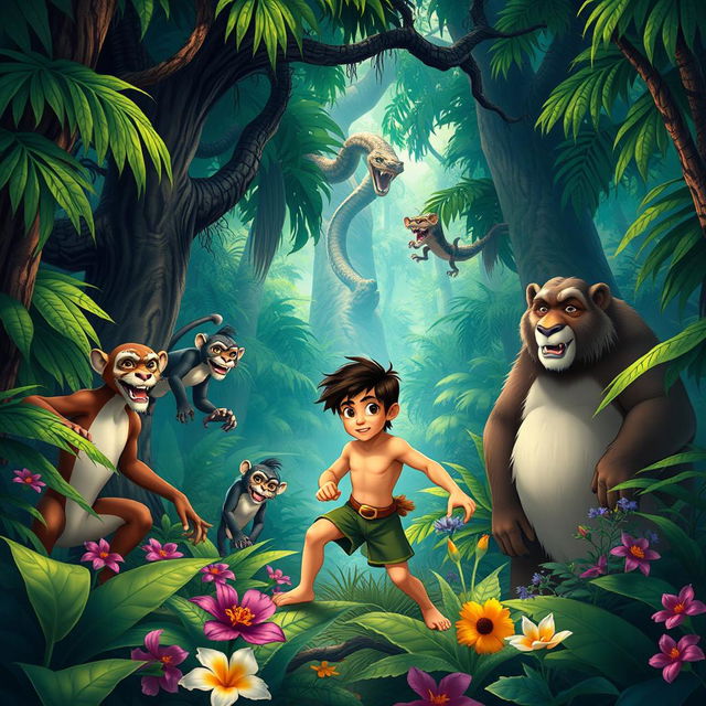 A vivid scene depicting Mowgli in a dense jungle filled with lush greenery and towering trees, showing him bravely confronting a mischievous troop of monkey-like creatures led by King Louie