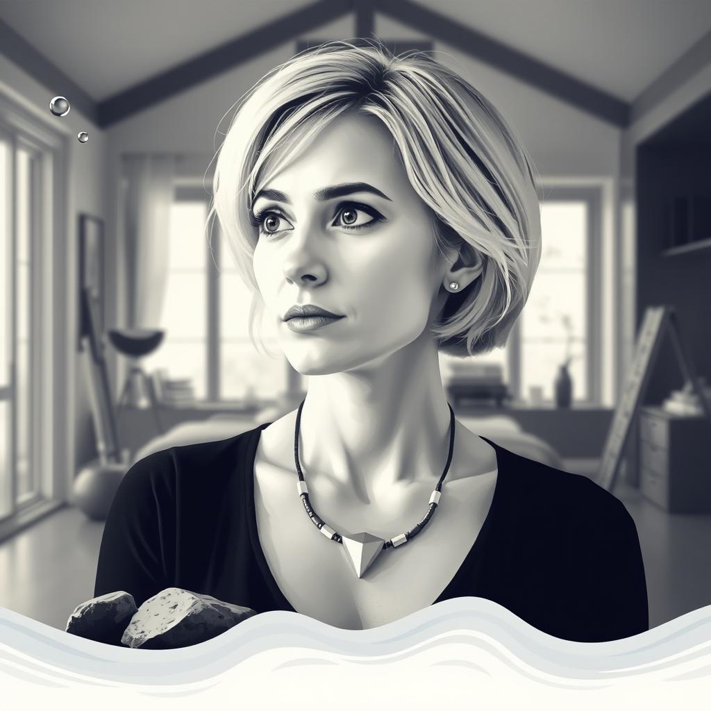 An abstract poster featuring a thoughtful female architect with short blonde hair, styled to resemble her exactly