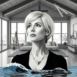 An abstract poster featuring a thoughtful female architect with short blonde hair, styled to resemble her exactly