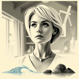 An abstract poster featuring a thoughtful female architect with short blonde hair, styled to resemble her exactly