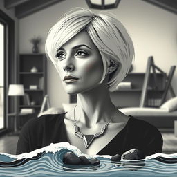 An abstract poster featuring a thoughtful female architect with short blonde hair, styled to resemble her exactly