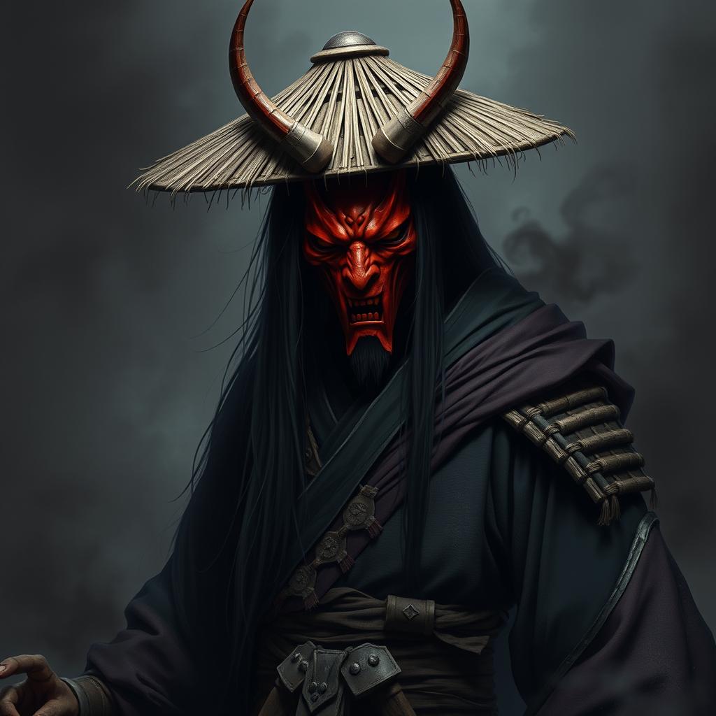 A shadowy figure named Kenji Hittori with long, flowing black hair reaching his waist, wearing a weathered straw hat atop his head and a striking red Oni mask adorned with curved horns and glowing, fiery eyes