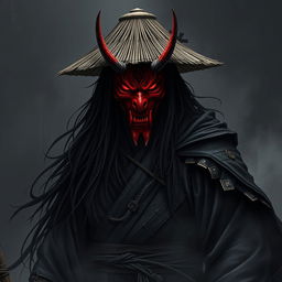 A shadowy figure named Kenji Hittori with long, flowing black hair reaching his waist, wearing a weathered straw hat atop his head and a striking red Oni mask adorned with curved horns and glowing, fiery eyes
