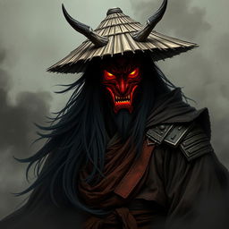A shadowy figure named Kenji Hittori with long, flowing black hair reaching his waist, wearing a weathered straw hat atop his head and a striking red Oni mask adorned with curved horns and glowing, fiery eyes
