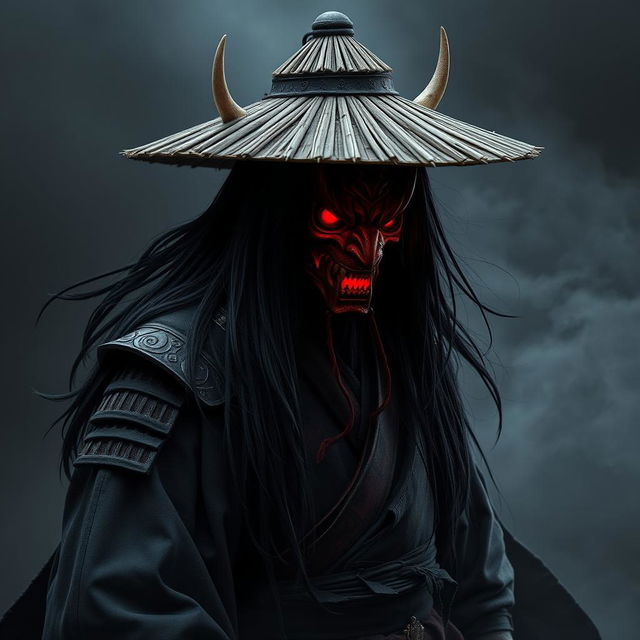 A shadowy figure named Kenji Hittori with long, flowing black hair reaching his waist, wearing a weathered straw hat atop his head and a striking red Oni mask adorned with curved horns and glowing, fiery eyes