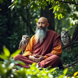 A serene scene of an Asian monk with a well-groomed beard, sitting cross-legged in a peaceful meditative pose