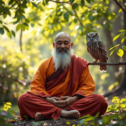 A serene scene of an Asian monk with a well-groomed beard, sitting cross-legged in a peaceful meditative pose