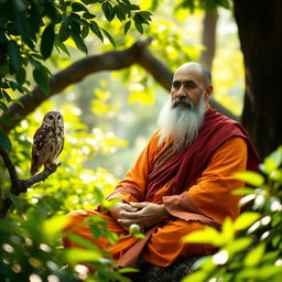 A serene scene of an Asian monk with a well-groomed beard, sitting cross-legged in a peaceful meditative pose