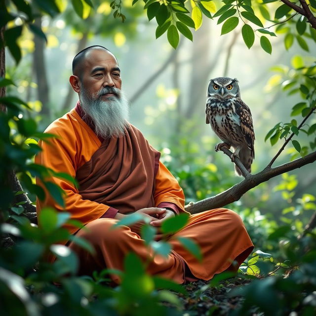 A serene scene of an Asian monk with a well-groomed beard, sitting cross-legged in a peaceful meditative pose