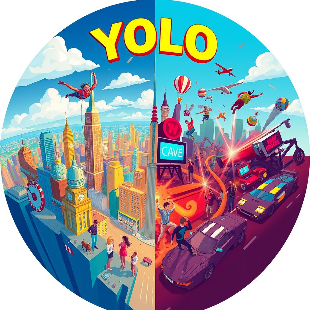 A visually striking and thought-provoking illustration depicting the duality of YOLO (You Only Live Once) and recklessness