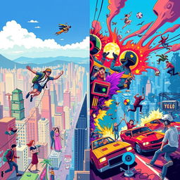 A visually striking and thought-provoking illustration depicting the duality of YOLO (You Only Live Once) and recklessness
