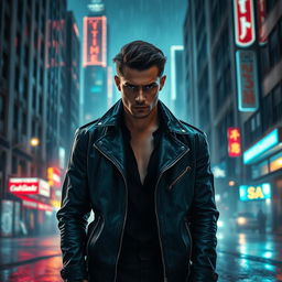 A powerful and fierce individual standing confidently in a dramatic urban setting