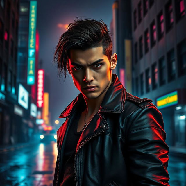 A powerful and fierce individual standing confidently in a dramatic urban setting