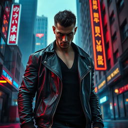 A powerful and fierce individual standing confidently in a dramatic urban setting