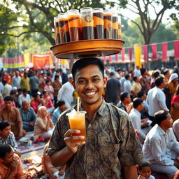 A lively scene at a religious gathering, featuring a male iced tea seller balancing a large tray of iced teas on his head