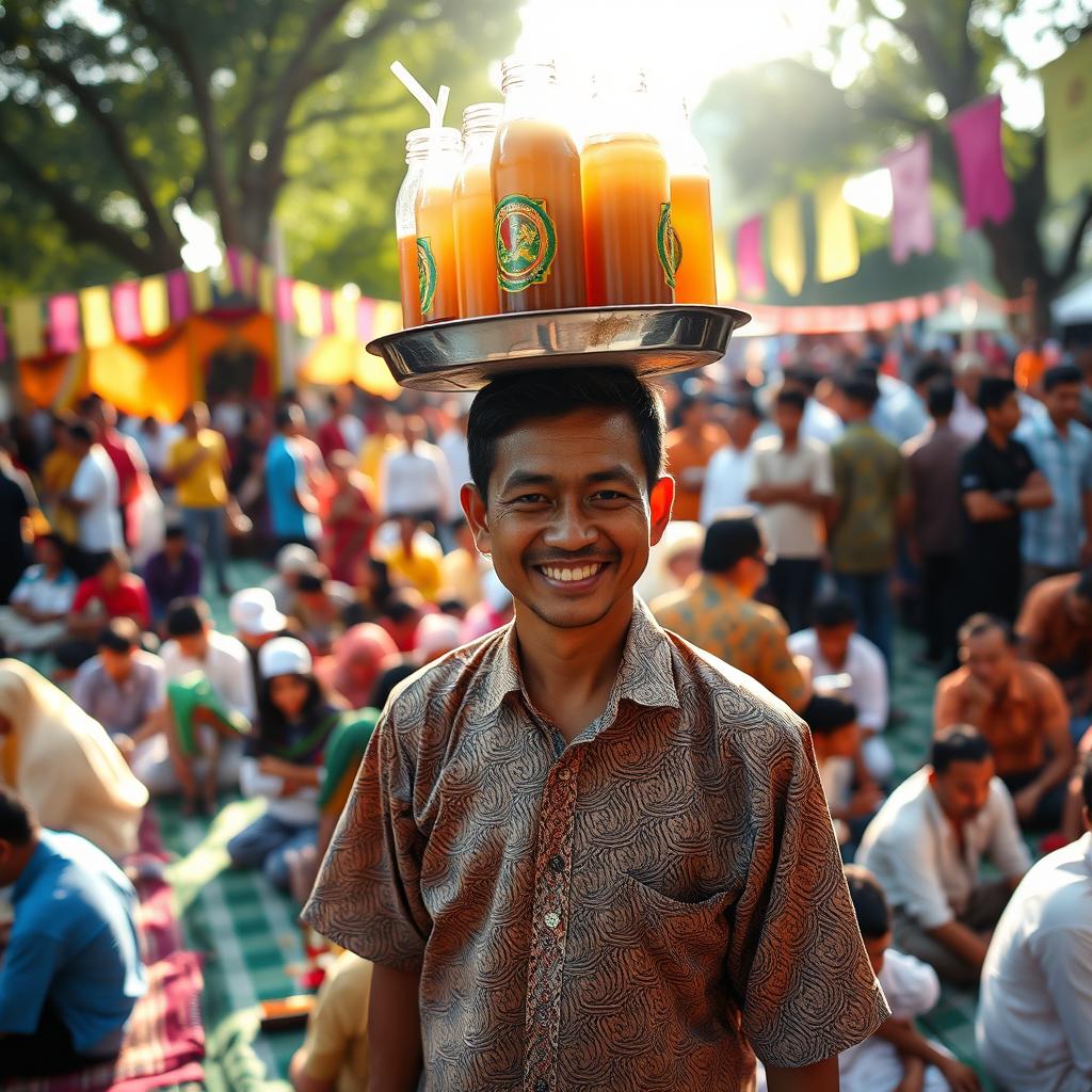 A lively scene at a religious gathering, featuring a male iced tea seller balancing a large tray of iced teas on his head