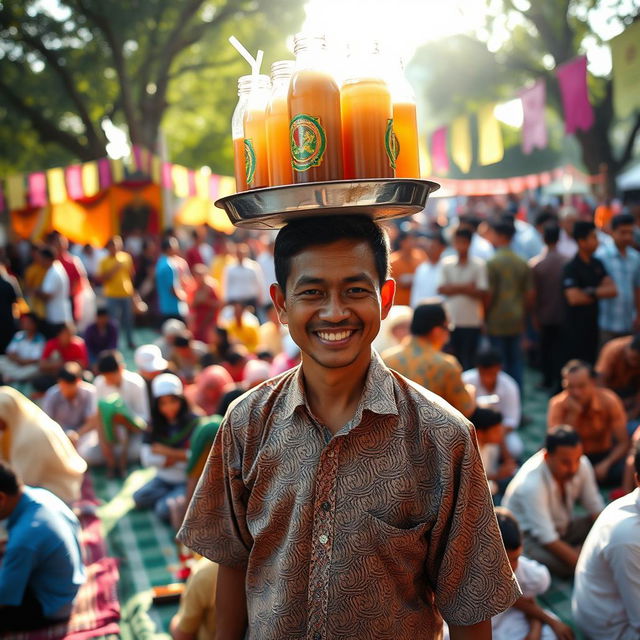 A lively scene at a religious gathering, featuring a male iced tea seller balancing a large tray of iced teas on his head