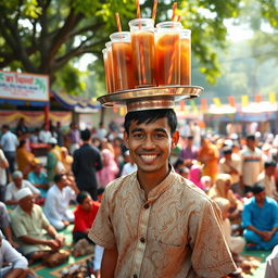 A lively scene at a religious gathering, featuring a male iced tea seller balancing a large tray of iced teas on his head
