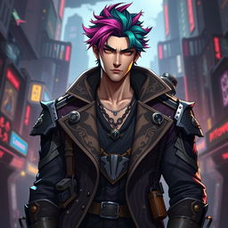 A character inspired by the rich visual style of Arcane from League of Legends, featuring a tall male figure with striking features and a unique outfit