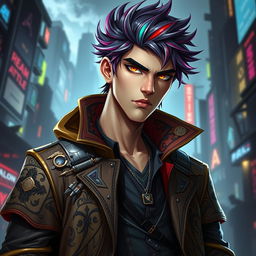 A character inspired by the rich visual style of Arcane from League of Legends, featuring a tall male figure with striking features and a unique outfit