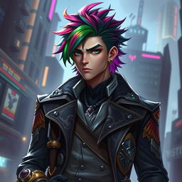 A character inspired by the rich visual style of Arcane from League of Legends, featuring a tall male figure with striking features and a unique outfit