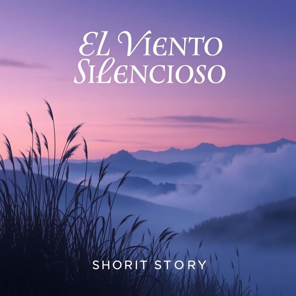 A captivating cover for the short story "EL VIENTO SILENCIOSO" featuring an ethereal landscape with a serene, twilight sky that transitions from soft purples to deep blues