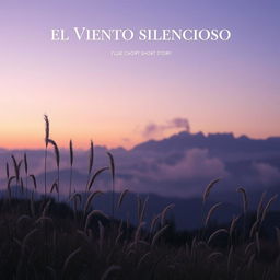 A captivating cover for the short story "EL VIENTO SILENCIOSO" featuring an ethereal landscape with a serene, twilight sky that transitions from soft purples to deep blues
