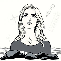 An illustrated abstract poster featuring a thoughtful female architect with longer blonde hair, styled to resemble her closely using only graphic lines