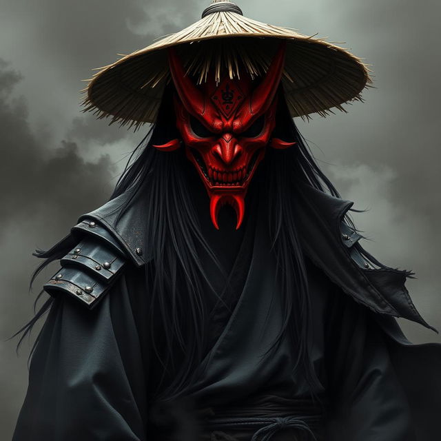 A shadowy figure named Kenji Hittori with long, flowing black hair reaching his waist, wearing a weathered straw hat and a dramatic red Oni mask featuring a fierce, stoic expression