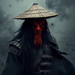 A shadowy figure named Kenji Hittori with long, flowing black hair reaching his waist, wearing a weathered straw hat and a dramatic red Oni mask featuring a fierce, stoic expression